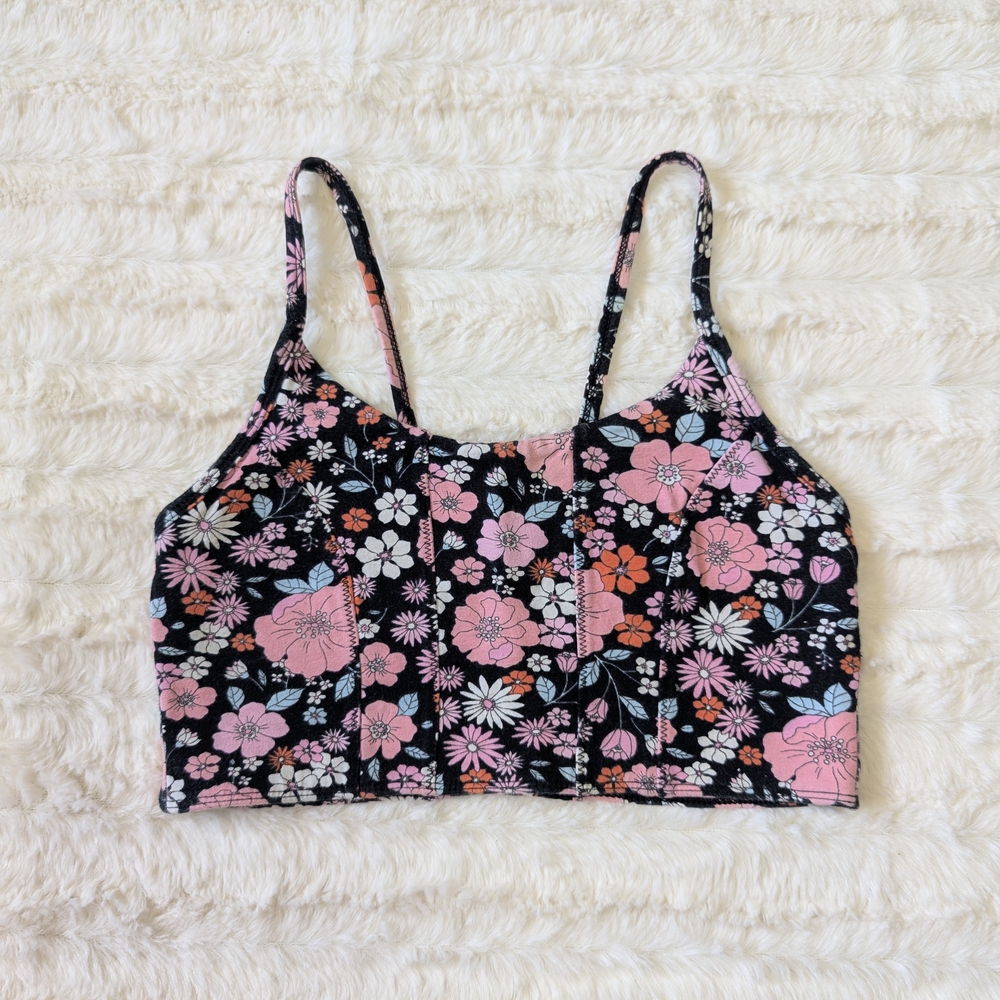 Forever 21 Black Floral Top with Pink and White Accents